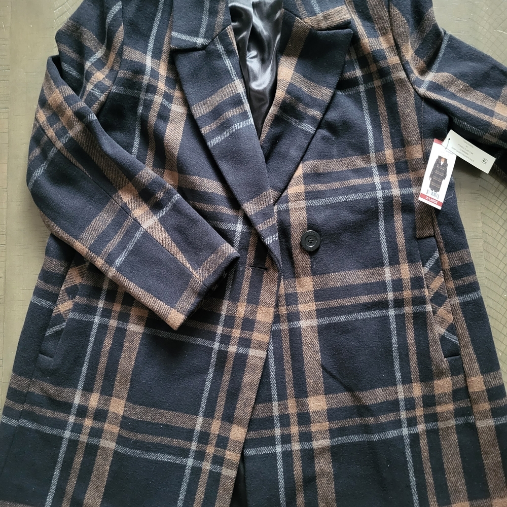DKNY Black and Brown Plaid Women's Pea Coat